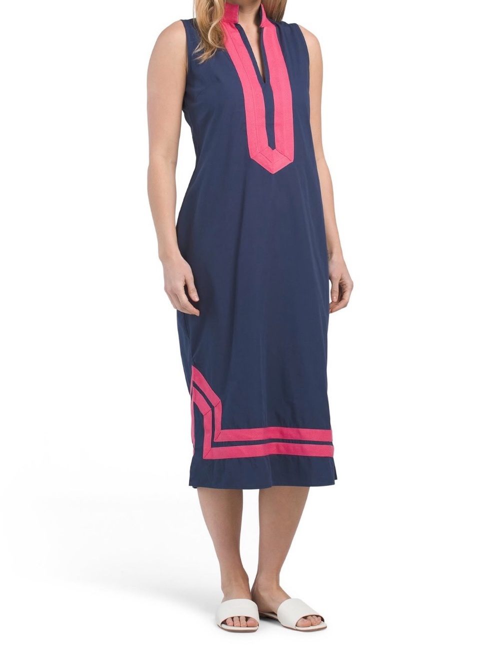Sail to Sable Navy Midi Dress with Pink Trim
